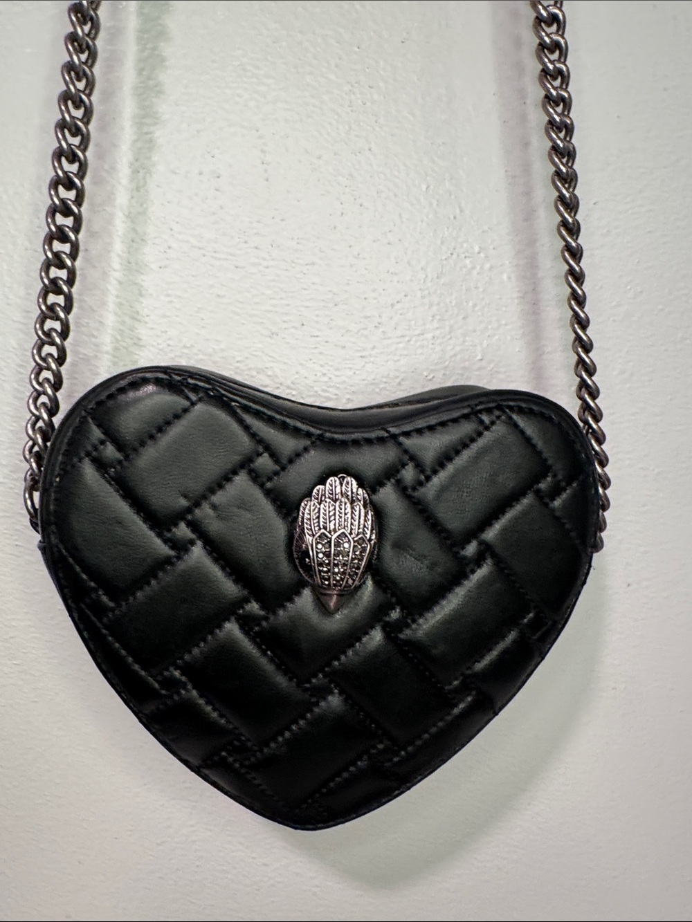 Kurt Geiger Black Quilted Heart Crossbody Bag with Chain Strap & Silver Hardware